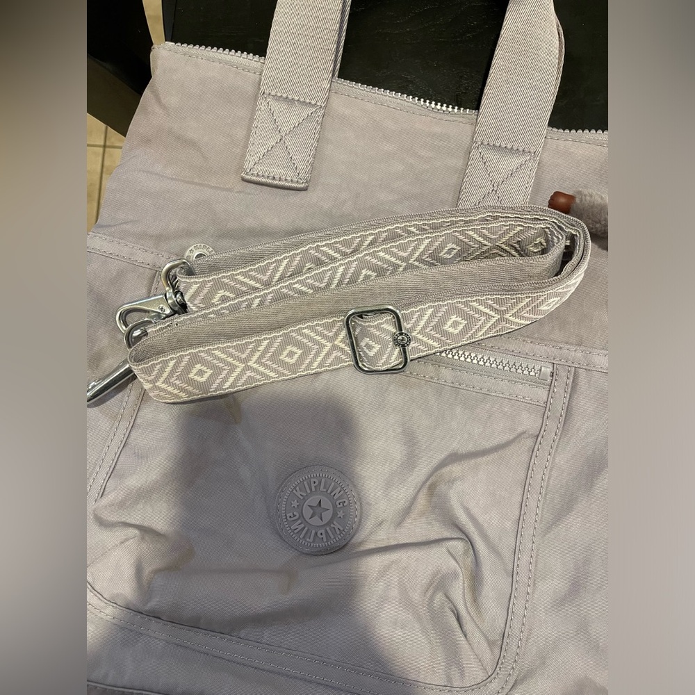 Kipling Light Gray Tote With Patterned Strap - image 1